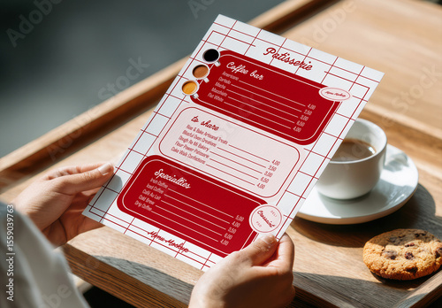 Hands Holding Cafe Menu Mockup with Coffee and Cookie