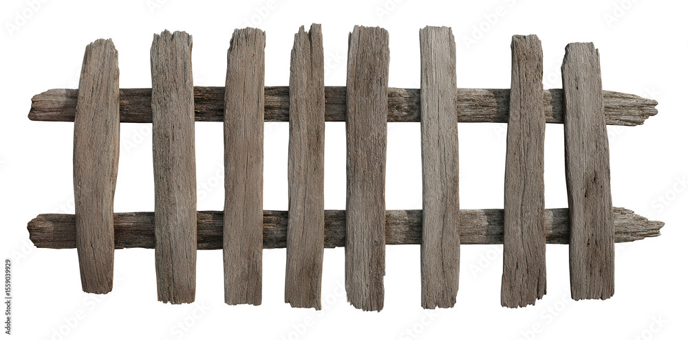 Obraz premium Intricately weathered wooden fence captured from above, showcasing rustic charm and texture on a clean white backdrop