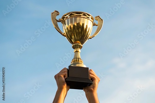 Hands holding up a golden trophy against a clear blue sky celebrating victory