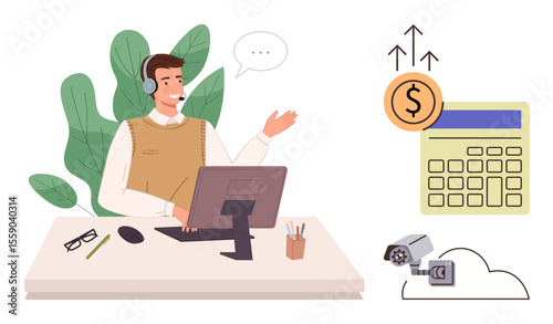 Man wearing headset working at desk, calculator, cloud storage, and surveillance camera. Ideal for customer service, business communication, finance, analytics, technology security modern