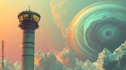 Cosmic Sentinel: A towering structure piercing the ethereal expanse, poised against a backdrop of swirling nebulae, suggesting a realm beyond Earth. 