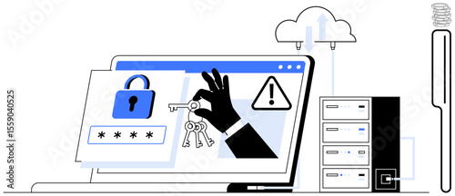 Hand holding keys on a laptop screen with a lock, alert symbol, server racks, and cloud. Ideal for data security, access control, internet safety, IT infrastructure, risk management encrypted