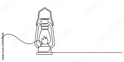 Abstract vintage kerosene lamp or lantern continuous one line art vector illustration, Kerosene lantern one line continuous. Line art paraffin lamp. Hand drawn vector art,  Camping backpack vector pro