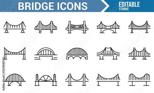 Icon Set of Bridges for Engineering, Transport, and Urban Design