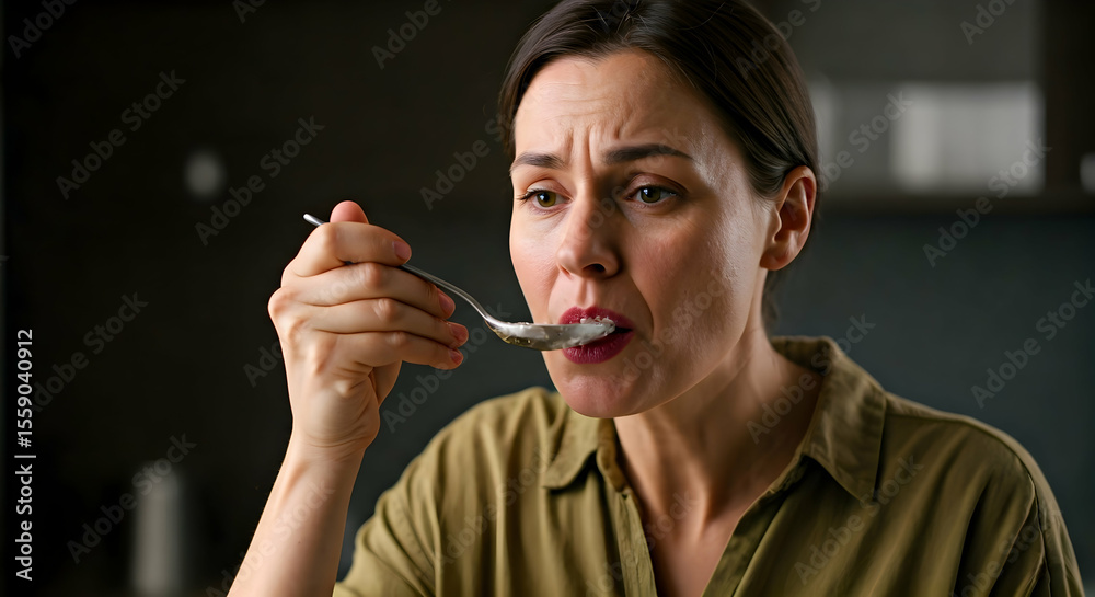 A woman expresses dislike while tasting food from a spoon illustrating a sour experience. Use for health blogs food reviews or relatable human emotions. A woman expresses dislike while tasting food from a spoon illustrating a sour experience. Use for health blogs food reviews or relatable human emotions.