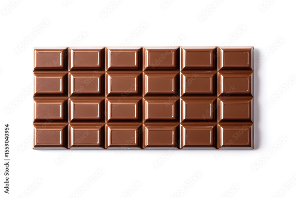 Fototapeta premium Top view of a milk chocolate bar with square segments. Smooth and glossy milk chocolate bar isolated on white background, viewed from above — perfect for confectionery, food ads, or dessert menus.