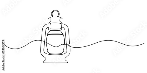 Abstract vintage kerosene lamp or lantern continuous one line art vector illustration, Kerosene lantern one line continuous. Line art paraffin lamp. Hand drawn vector art,  Camping backpack vector pro