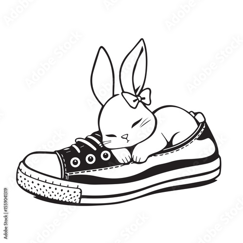 Adorable sleeping bunny rabbit resting inside a classic canvas shoe