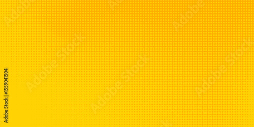 Yellow orange halftone pattern. Retro comic gradient background. Square pixilated dot cartoon texture. Pop art faded gradient pattern. Vector backdrop.