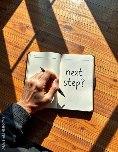 Hand Holding Pen Over Open Notebook with Next Step Question