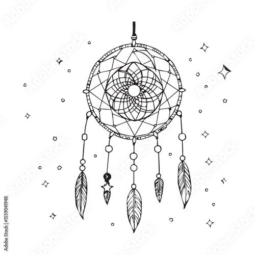 Hand drawn dreamcatcher with feathers and beads illustration