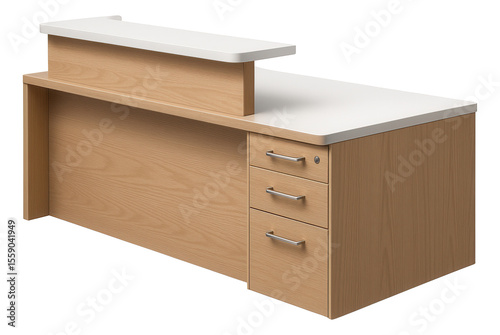 Reception desk with a lockable drawer system for secure storage of personal items in a home setting.