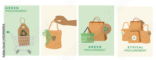 Green procurement eco shopping banner template. Sustainable business ethical purchasing concept poster. Corporate responsibility recycling bags for marketing presentations. Vector illustration