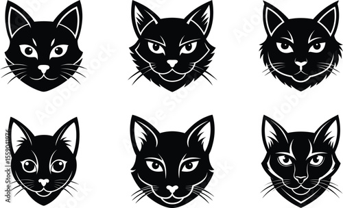 Cute vector set of isolated black cat, kitten, and feline animal silhouettes