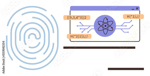 Digital fingerprint alongside a software interface with quantum computing algorithms. Ideal for cybersecurity, technology, innovation, big data, blockchain security, coding education, simple landing