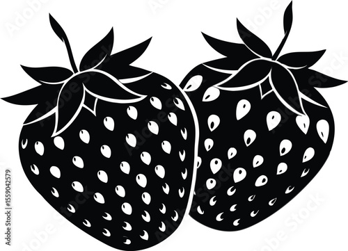 Two black and white strawberries in silhouette isolated on transparent background
