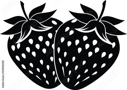 Two stylized black strawberry silhouettes with white seeds isolated on transparent background silhouette