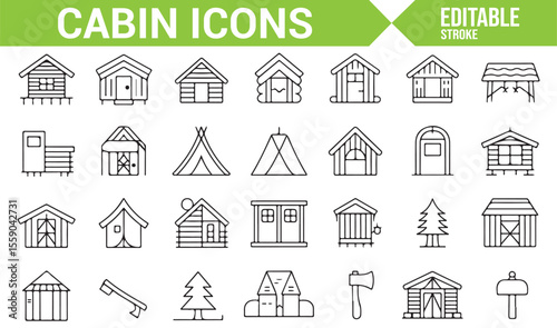 Vector Icons of Cabins, Huts, and Shelters for Camping Design
