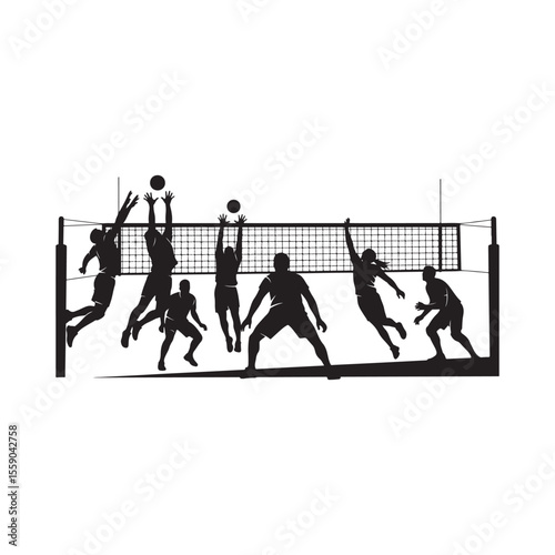 Volleyball Players Silhouettes Vector Spiking and Blocking Ball 