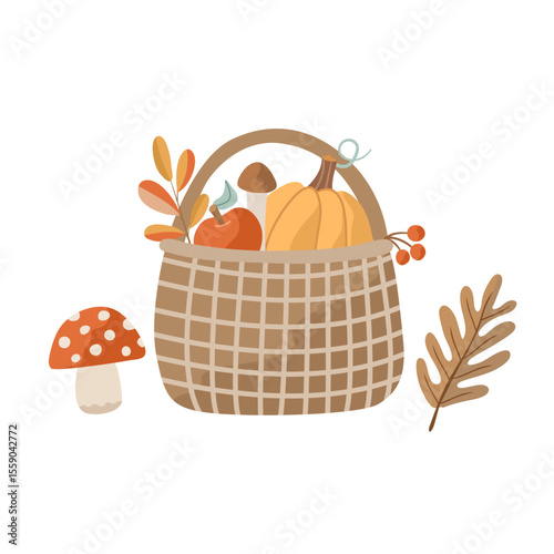 Autumn illustration with a cozy wicker basket filled with seasonal harvest pumpkin, apple, mushrooms, and colorful leaves. Perfect for greeting cards and fall-themed designs