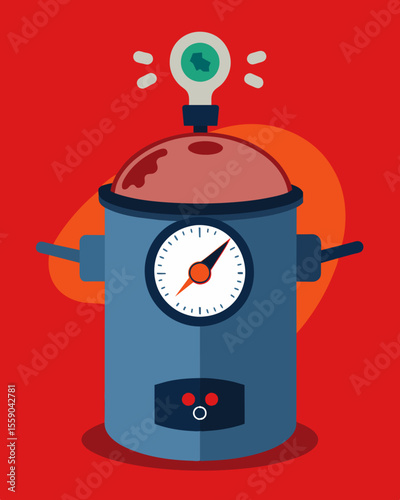 The pressure cooker of the mind with its internal gauge nearing the red zone indicating a buildup of tension and anxiety.. Vector illustration