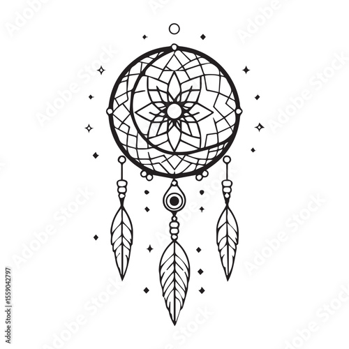 Ornate dreamcatcher design with crescent moon and feathers