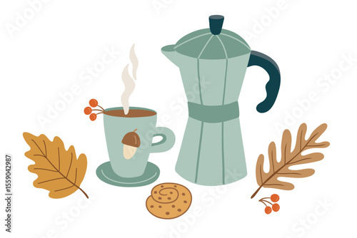 Hand drawn autumn composition with a moka pot, acorn cup, steam, berries, cookie, and fall leaves. Perfect for cozy seasonal prints, greeting cards, or warm drink designs
