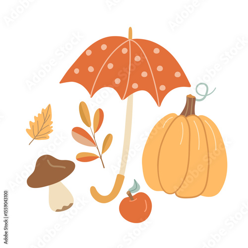 Hand drawn autumn illustration with umbrella, pumpkin, apple, mushroom, and fall leaves. Perfect for seasonal greeting cards, fall decor, and cozy autumn designs