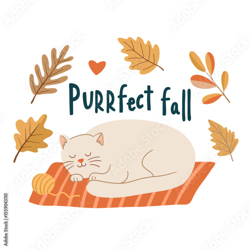Cute fall illustration with a cream cat sleeping on a striped rug, surrounded by autumn leaves and the phrase Purrfect fall.  Ideal for greeting cards, posters, or cozy seasonal decor