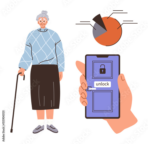 Elderly woman leaning on cane next to smartphone unlocking door. Pie chart representing data analytics. Ideal for senior care, smart home, data security, accessibility, technology, modern living