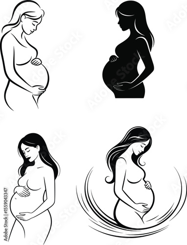 Pregnant Woman Silhouette and Line Art Illustration Set