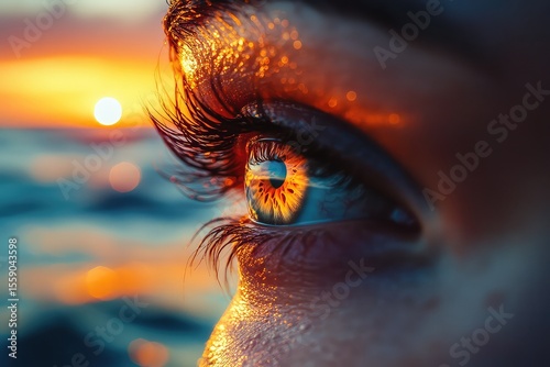Close-up of eyes, reflecting a colorful sunset over the ocean, hinting at hope, with soft waves blurred in the background