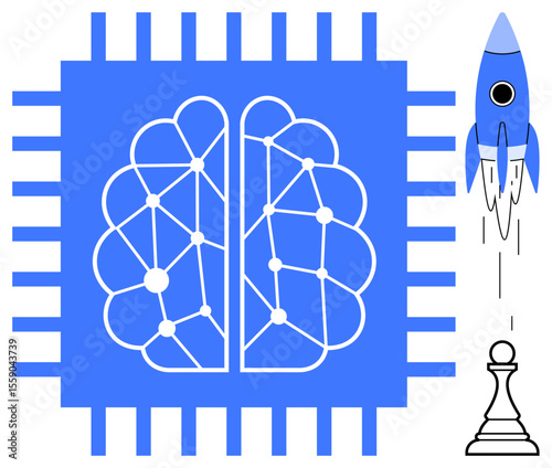 Blue brain circuit within a microchip, chess pawn symbolizing strategy, and rocket denoting innovation. Ideal for AI, technology, innovation, machine learning, strategy growth data science. A