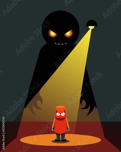 The jarring contrast of a small figure obscured in the menacing shadow of a larger more powerful one.. Vector illustration