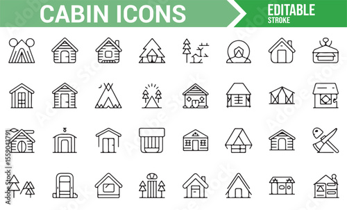 Simple Outdoor Icon Set Featuring Cabins and Shelters

