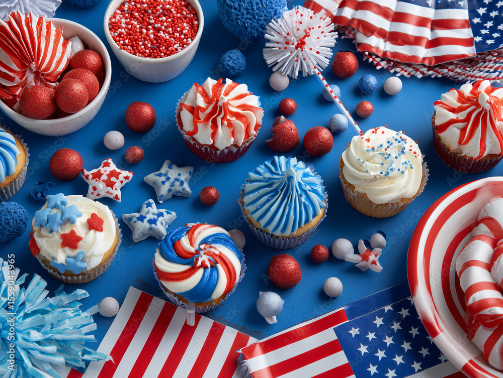 Obraz premium July 4th themed party decor flatlay with red, white, blue colors
