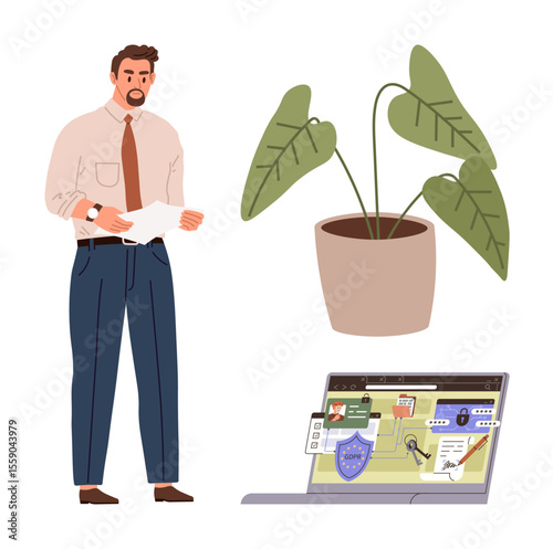 Professional man with documents, potted plant decor, and laptop displaying cybersecurity tools. Ideal for business, technology, office, online security, data analysis, work-life balance simple flat