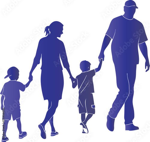 Family walking together holding hands blue silhouettes vector