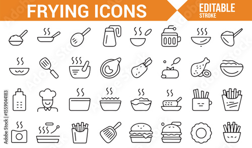 Collection of Frying Icons for Fast Food, Restaurant, and Culinary Use