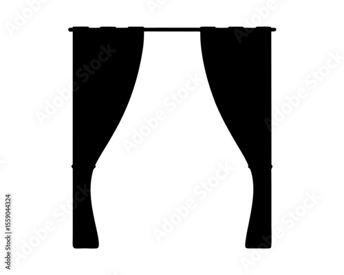 Black and white vector illustration of hanging curtains, with light shining through
