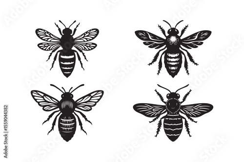 Four stylized black silhouette bees with intricate wing patterns on white background
