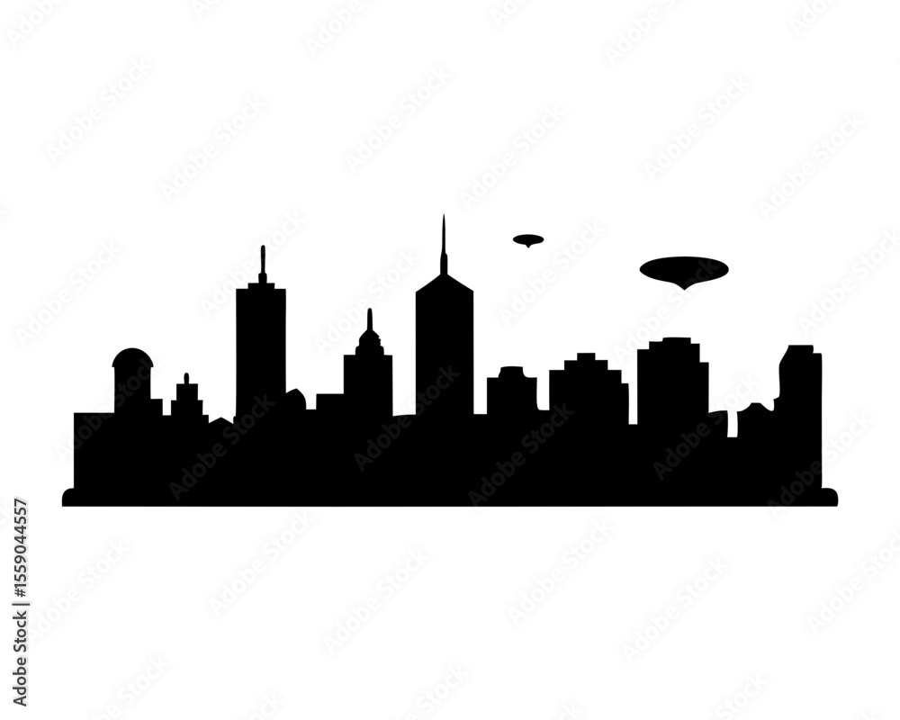 Naklejka premium Futuristic Cityscape Silhouette with UFO Sightings Over the Metropolis Skyline