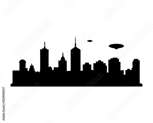 Futuristic Cityscape Silhouette with UFO Sightings Over the Metropolis Skyline