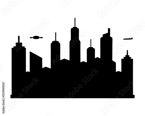 Silhouette of Futuristic Cityscape with Flying Airplane and UFO Illustration