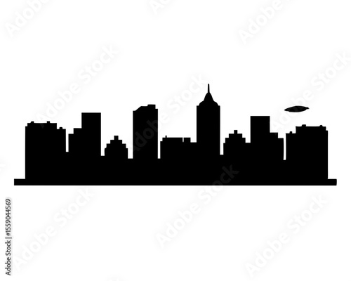 Black and white silhouette of a city skyline with a blimp