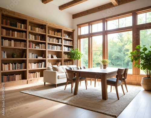 Bright Sunlit Library with Wooden Bookshelves and Comfortable Seating
