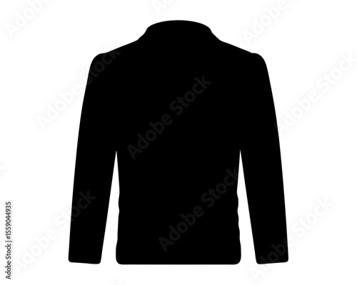 A simple black silhouette of a long sleeved jacket against white backdrop
