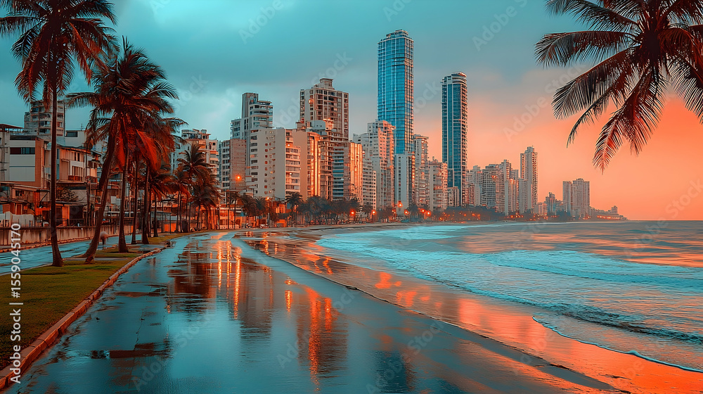 Obraz premium Coastal Cityscape at Sunrise: Palm Trees Frame Urban Beach Refle