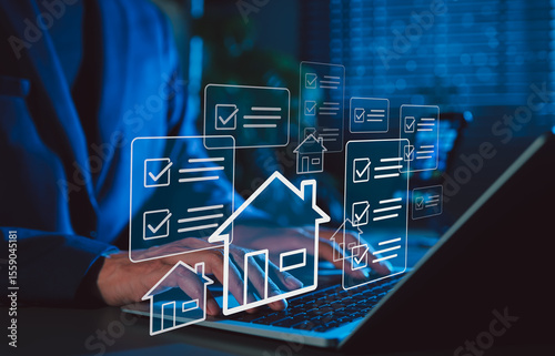 Real Estate Property Management and Checklist Concept. Person working with icons of houses and checklists, real estate property management, evaluation, housing inspection, and task tracking processes.