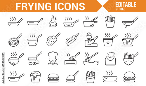 Simple Frying Process Icons for Fast Food and Kitchen Design